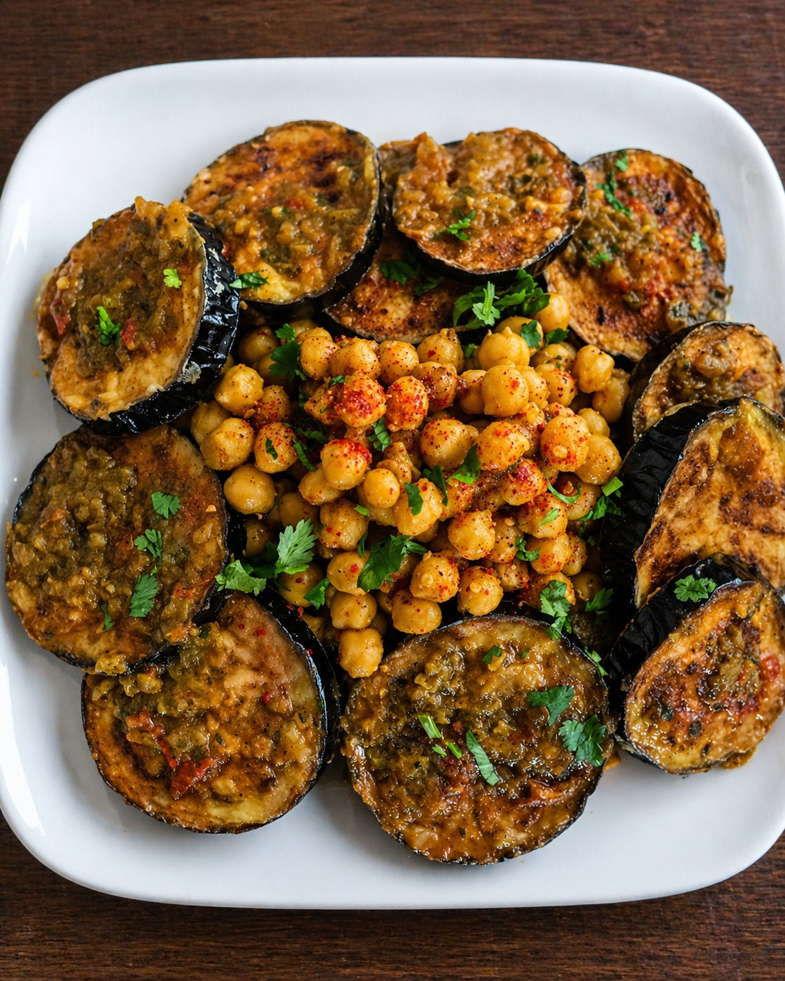 Pan-seared aubergine slices with spiced chickpeas and coriander