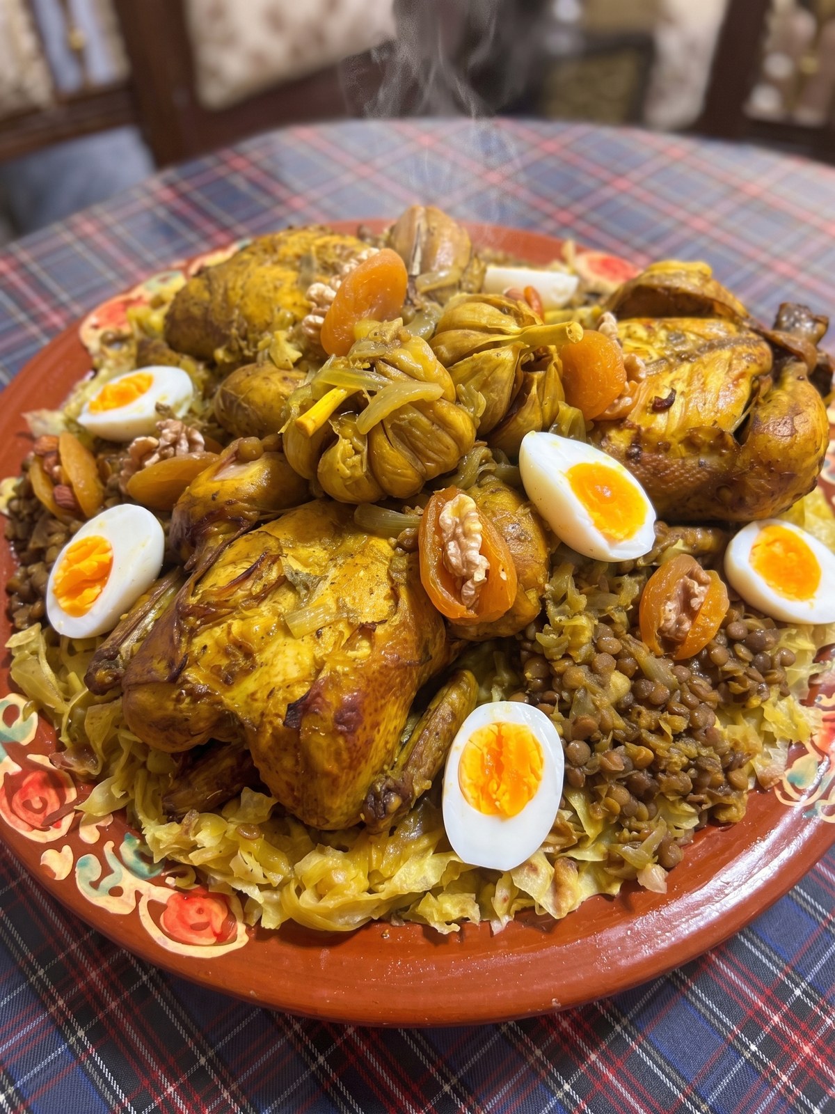 Festive chicken couscous with halved boiled eggs, dried apricots and almonds on terracotta