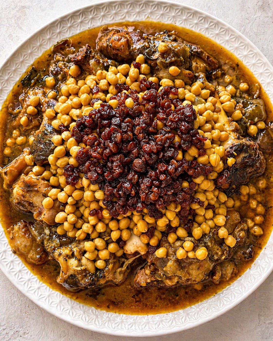 Chicken tafaya — chicken with chickpeas crowned with caramelised raisins