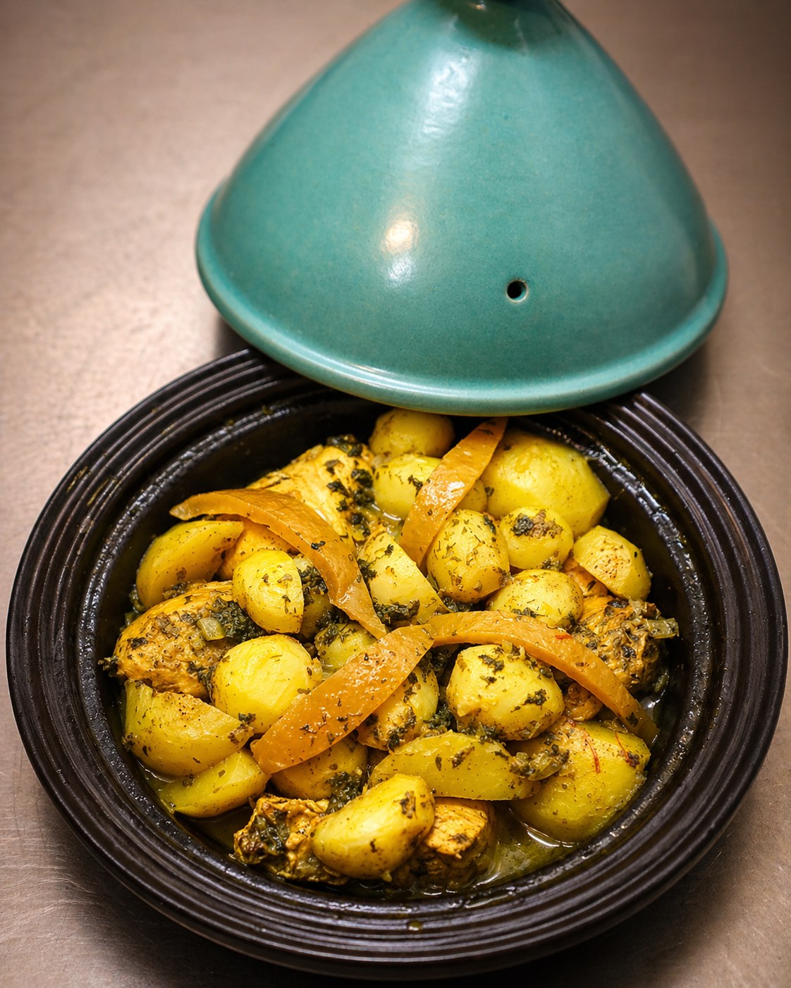 Saffron chicken tagine with potatoes and onions in a green clay pot
