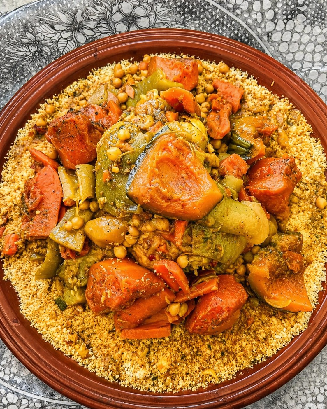 Seven-vegetable couscous overhead — carrots, courgette, squash and chickpeas