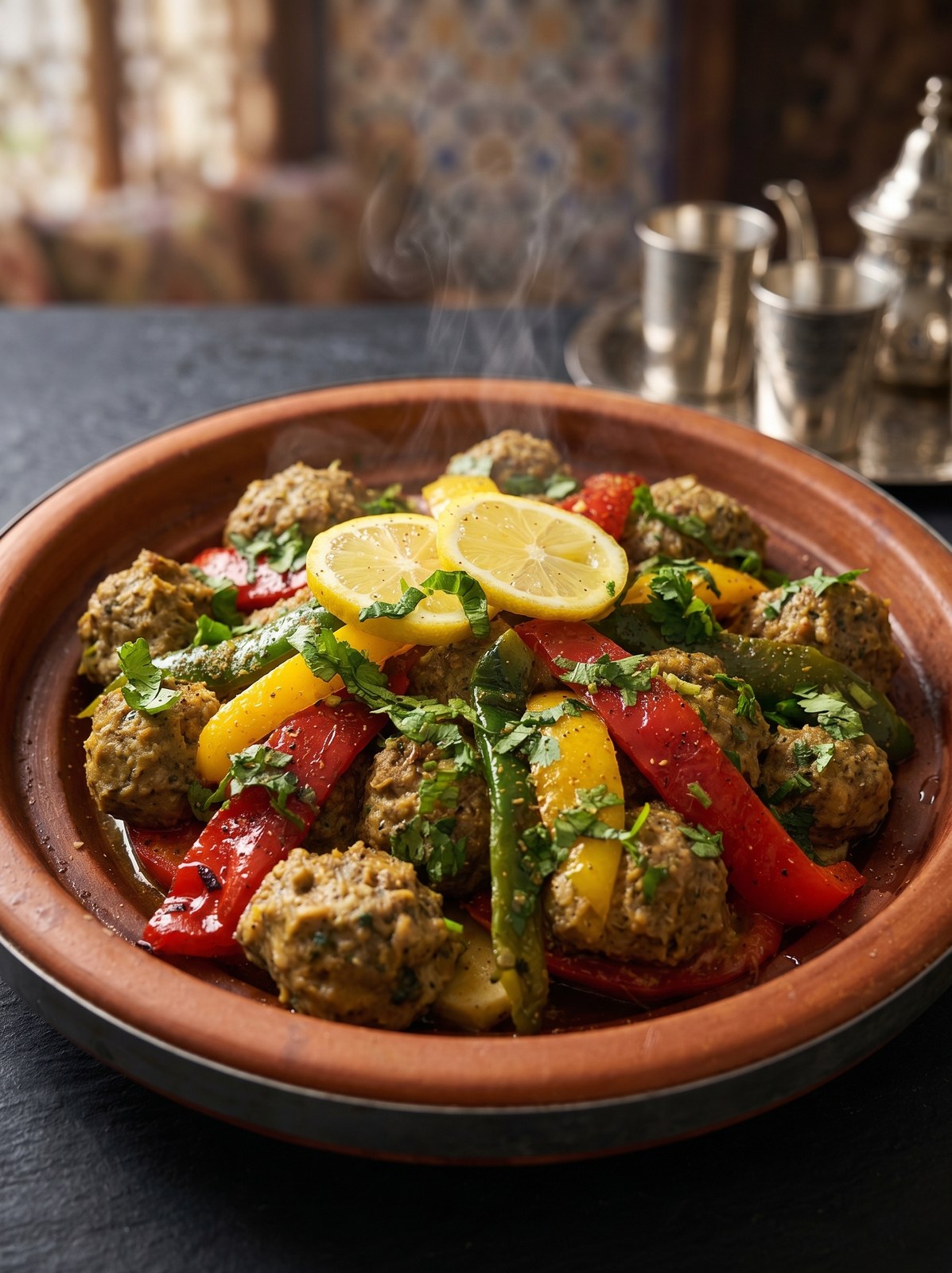 Kefta meatball tagine with lemon, peppers and coriander