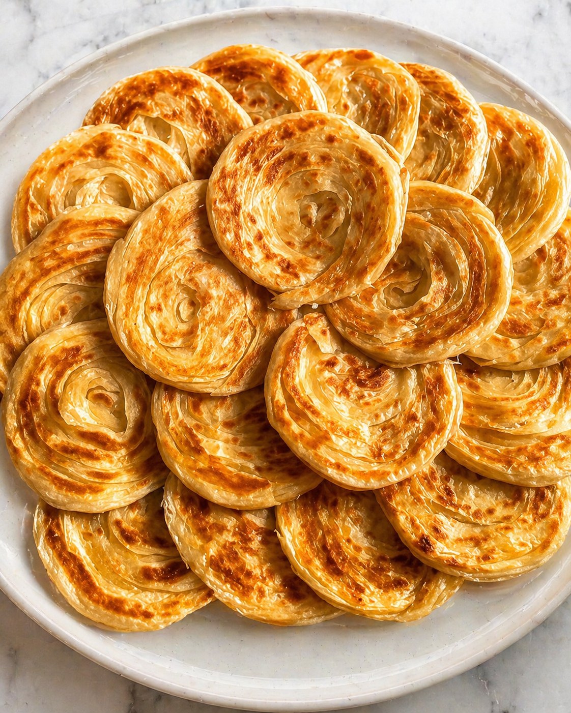 Rghaif — Moroccan layered flatbread coiled on a plate