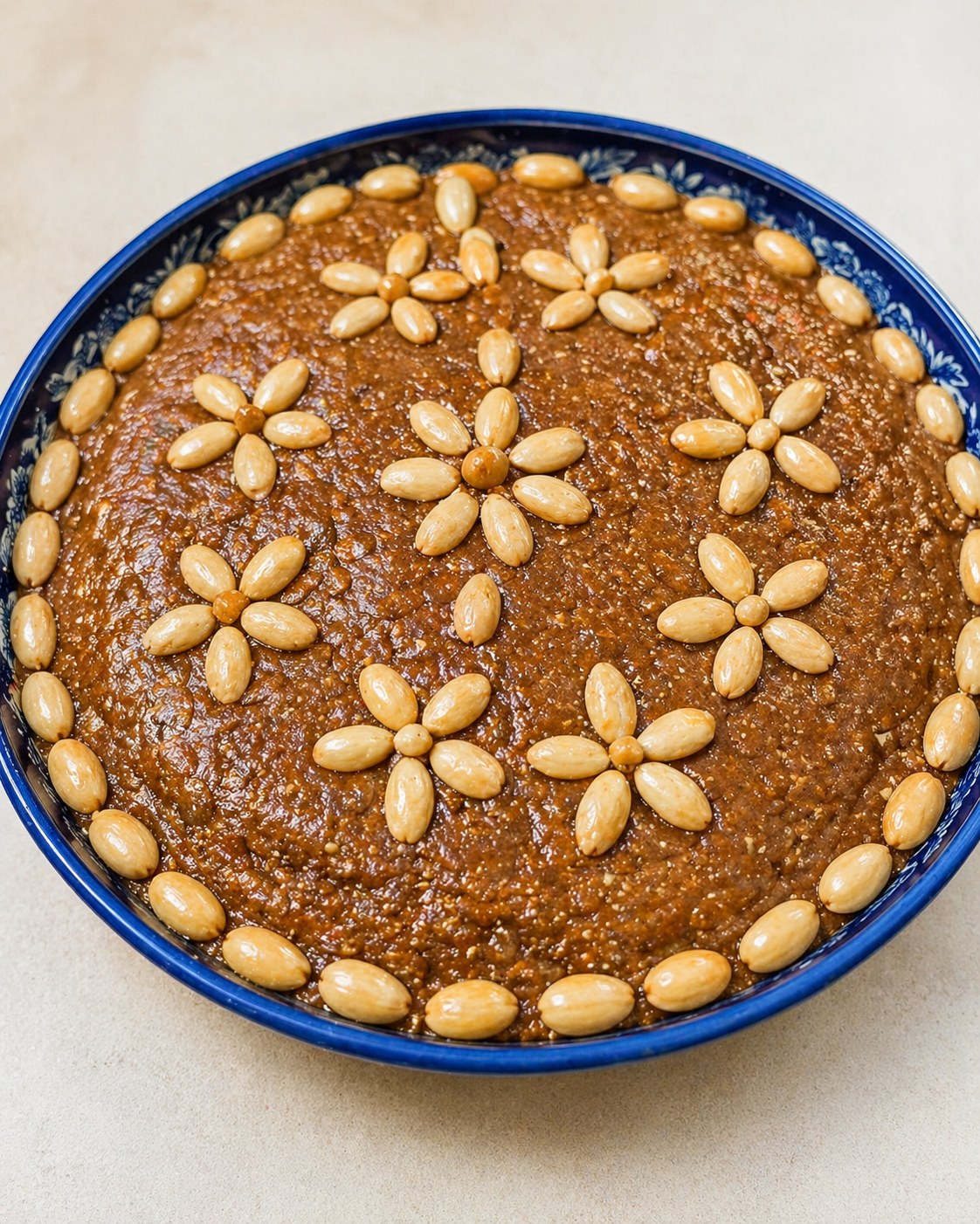 Sellou — toasted flour, almond and sesame paste topped with almond flowers